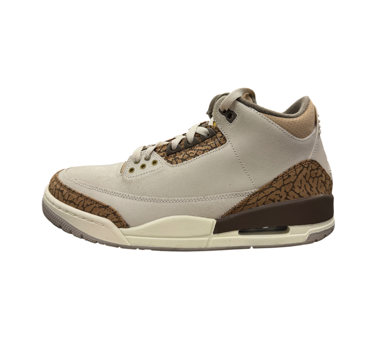 Genesis Boutique Jordan 3 Palomino sneakers in light beige and brown suede with signature elephant print overlays.