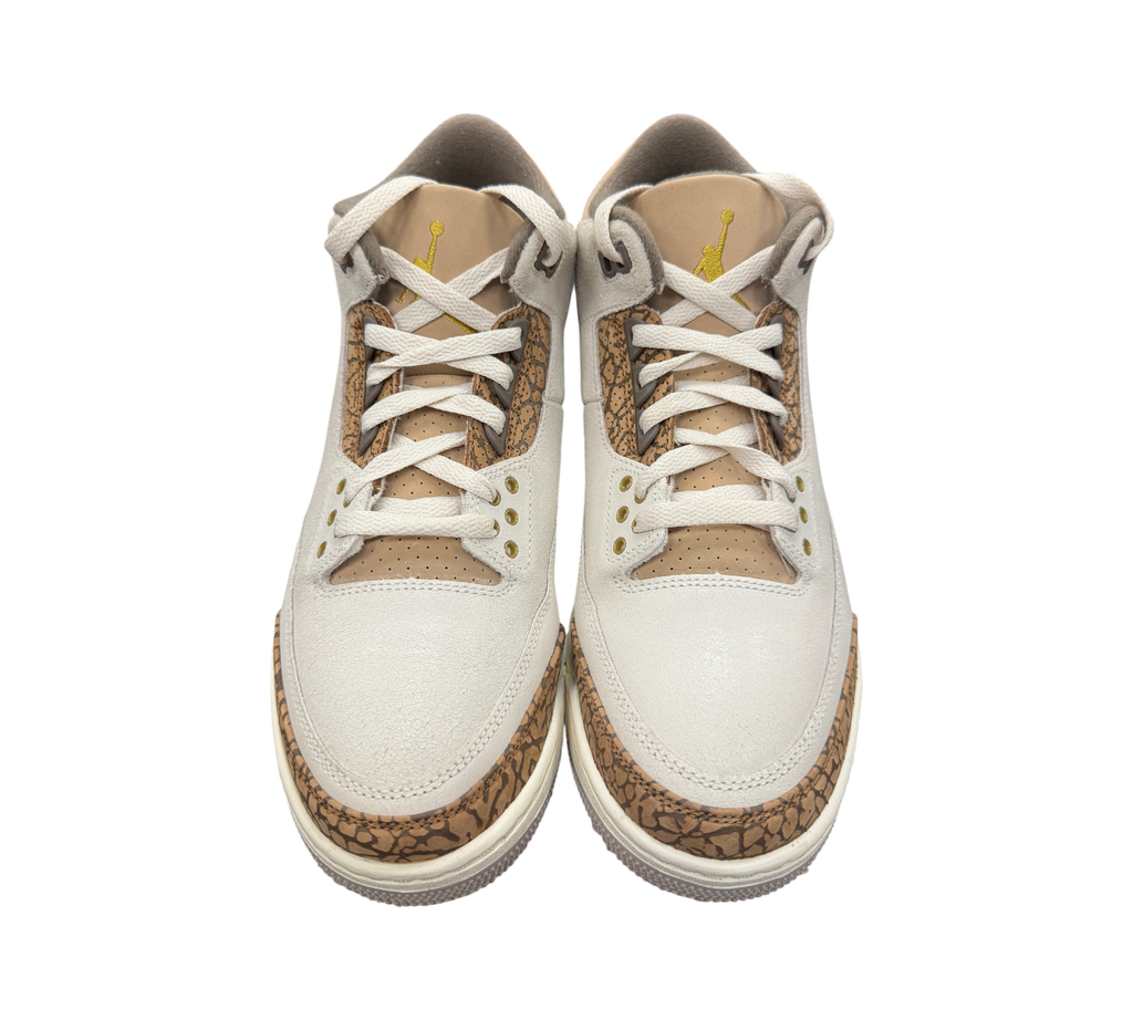 Genesis Boutique Jordan 3 Palomino sneakers in light bone and brown elephant print leather with gold Jumpman logo
