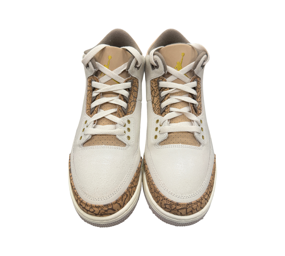 Genesis Boutique Jordan 3 Palomino sneakers in light bone and brown elephant print leather with gold Jumpman logo
