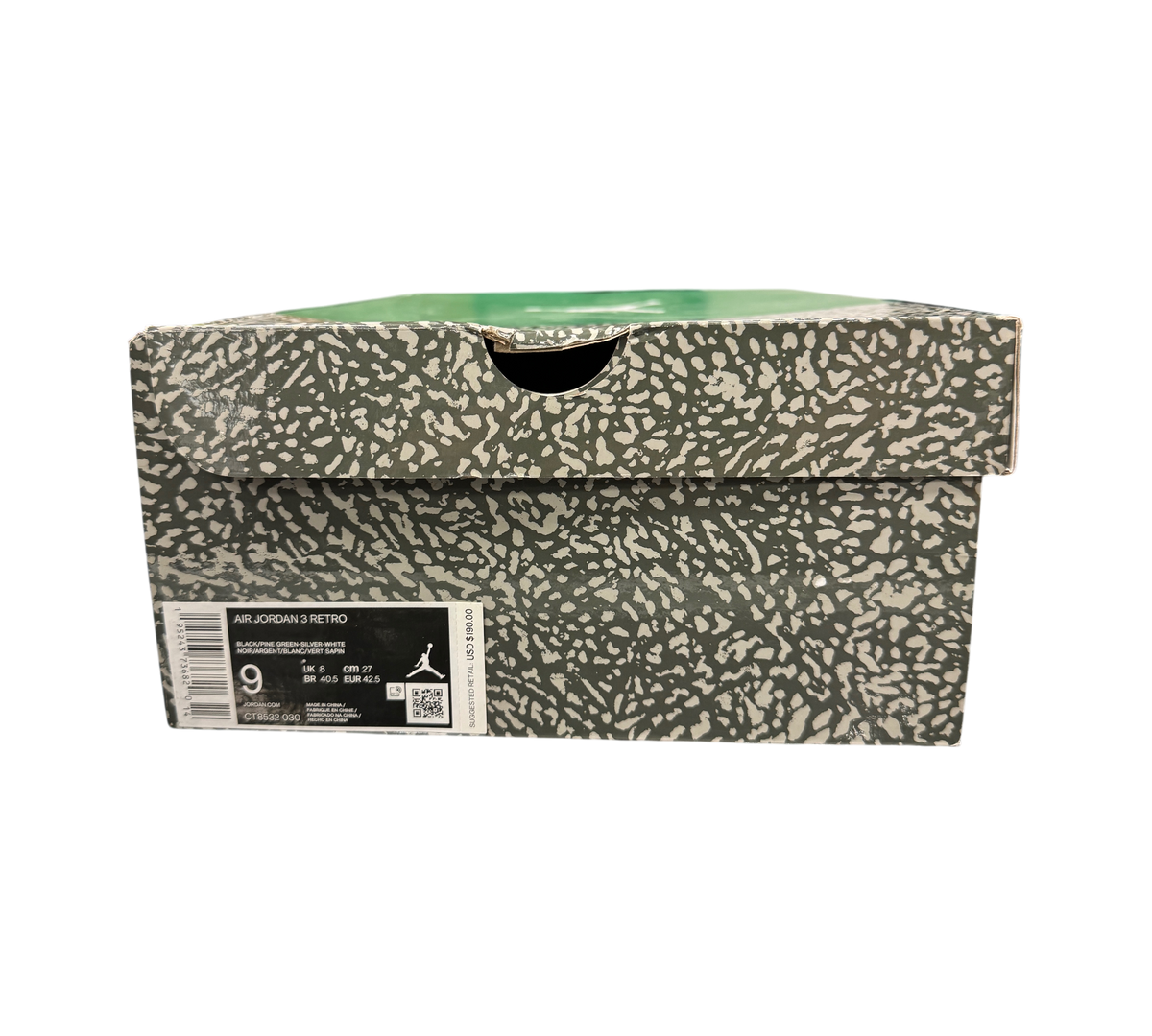 Genesis Boutique Air Jordan 3 Pine Green sneaker box with grey elephant print pattern and size 9 label