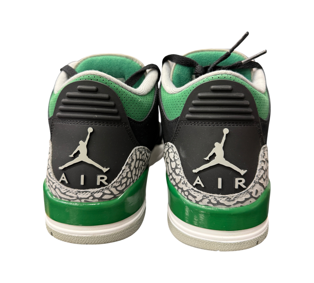 Genesis Boutique Air Jordan 3 Pine Green sneakers showing the black and grey elephant print heels with Jumpman logos