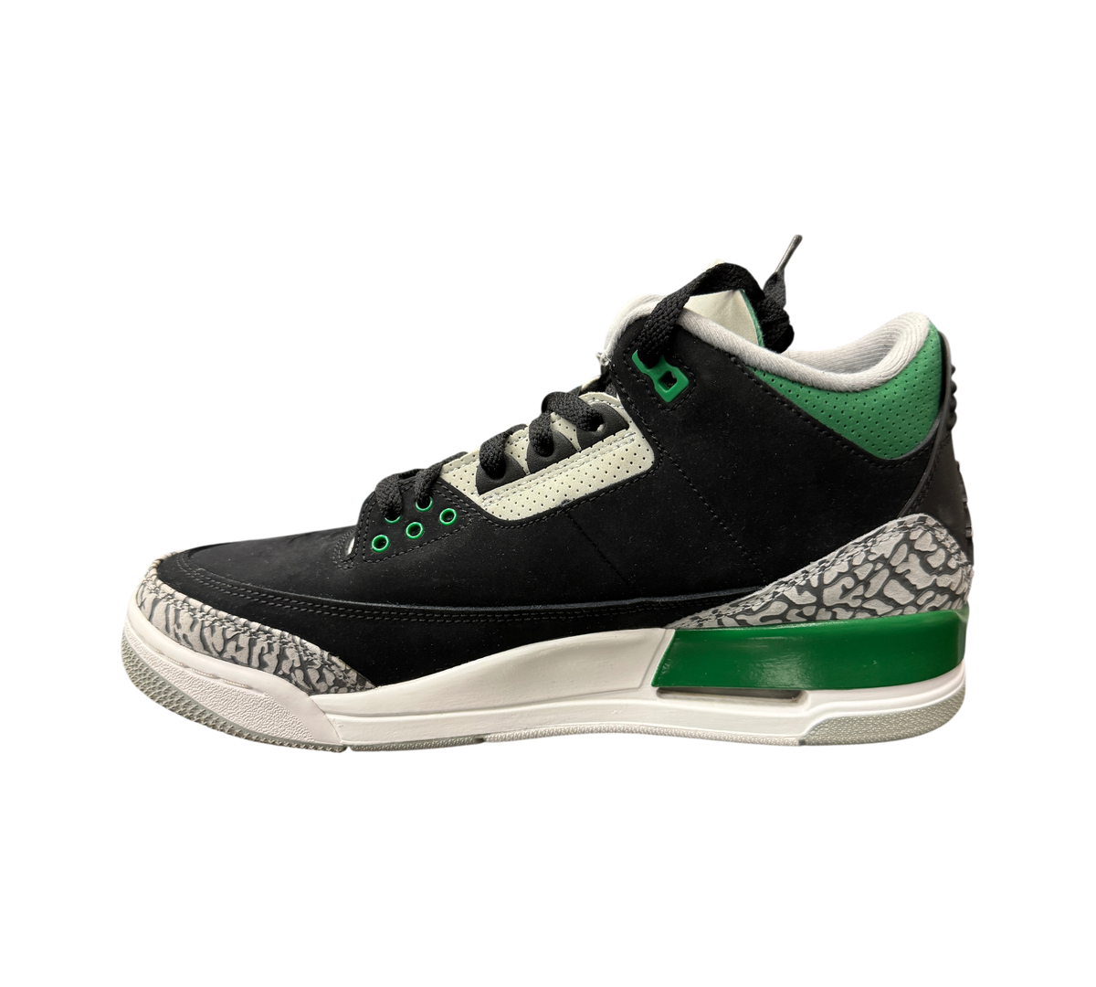 Genesis Boutique Air Jordan 3 Pine Green sneakers in black nubuck with grey elephant print and green accents