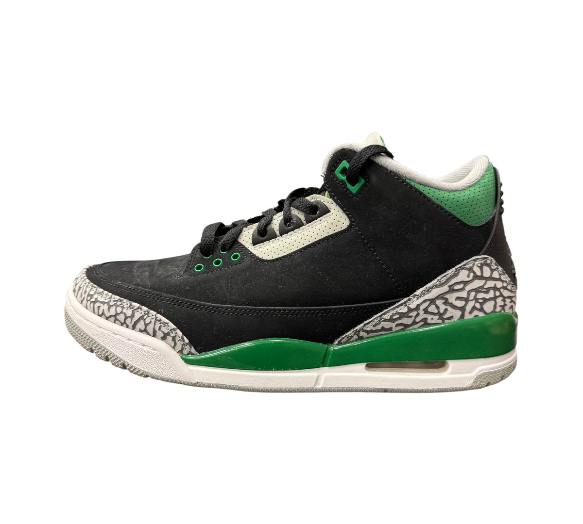 Genesis Boutique used Air Jordan 3 Pine Green sneakers featuring black nubuck, grey elephant print, and green accents.
