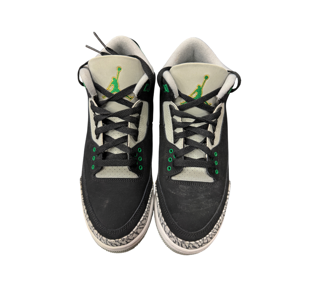 Genesis Boutique pre-owned Air Jordan 3 Pine Green sneakers featuring black nubuck, grey accents, and elephant print.