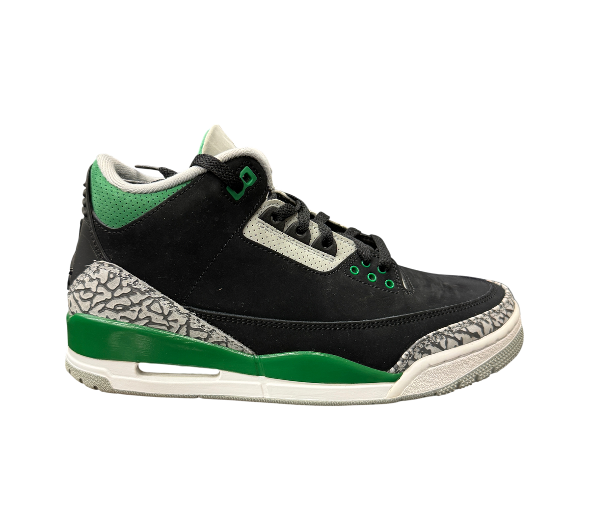 Genesis Boutique Air Jordan 3 Pine Green sneakers in black nubuck with grey elephant print and green accents.