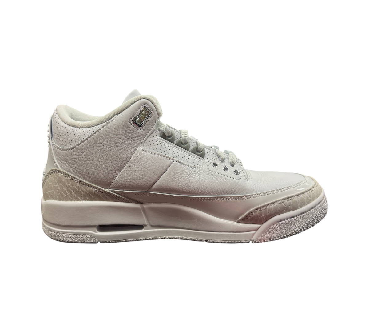 Genesis Boutique Jordan 3 Pure Money sneakers in all-white leather with signature elephant print side view
