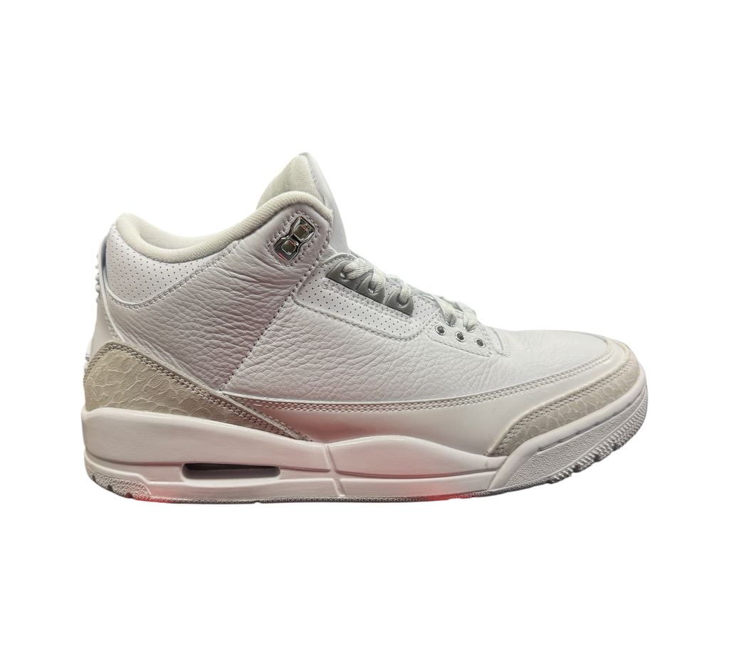 Genesis Boutique Jordan 3 Pure Money sneakers in white leather with iconic elephant print trim on a Jordan shoe box
