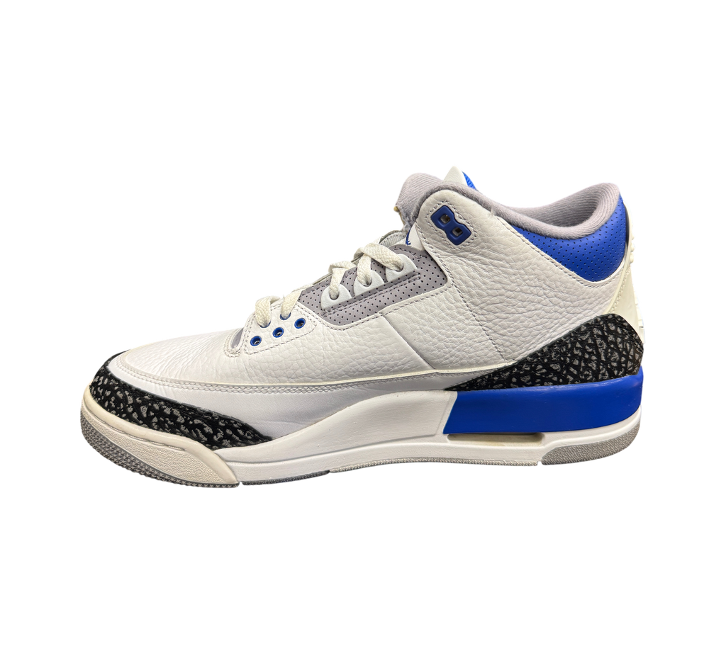 Genesis Boutique Jordan 3 Racer Blue sneakers featuring white leather, grey accents, and iconic black elephant print.
