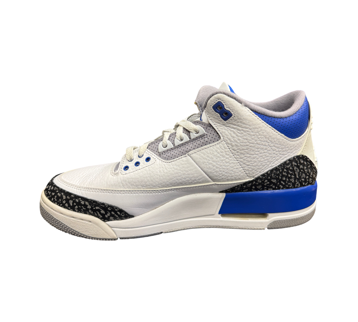Genesis Boutique Jordan 3 Racer Blue sneakers featuring white leather, grey accents, and iconic black elephant print.