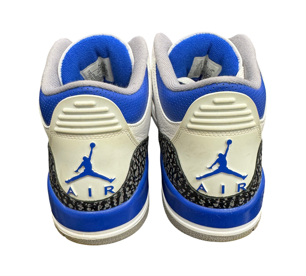 Genesis Boutique used Jordan 3 Racer Blue sneakers featuring white leather, blue accents, and iconic elephant print.