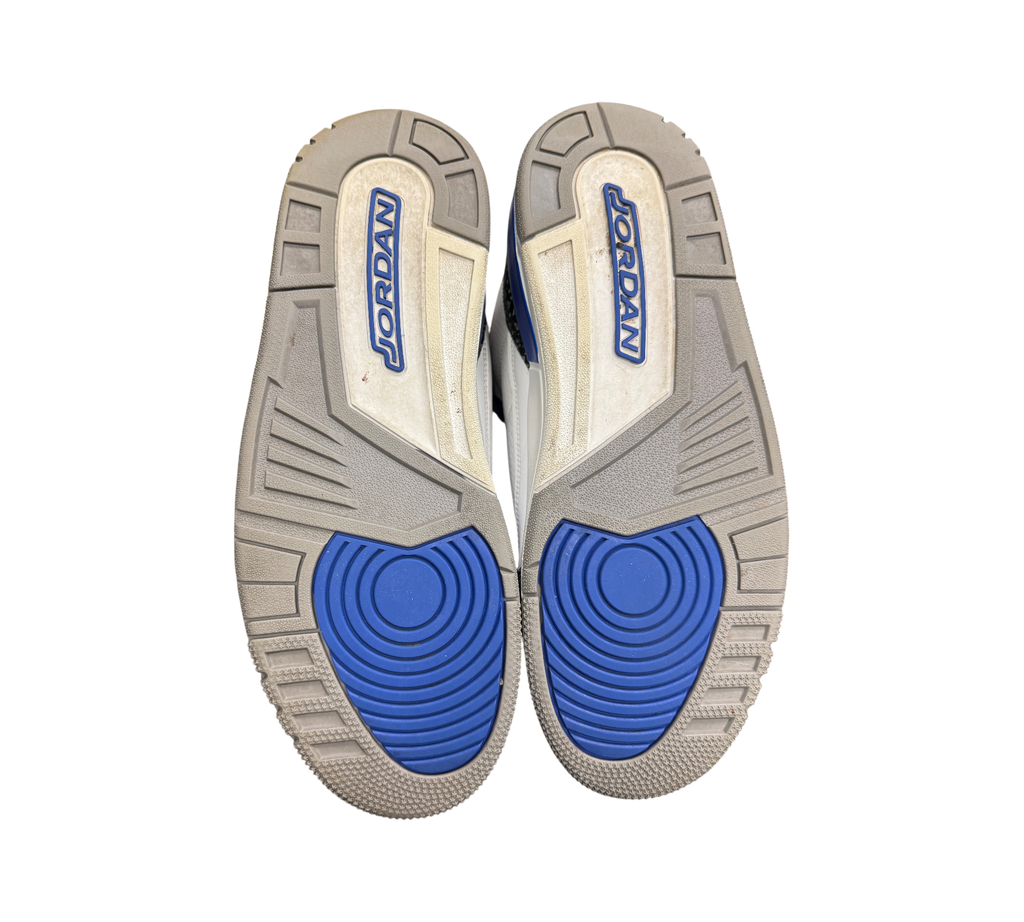 Genesis Boutique used Jordan 3 Racer Blue sneakers showing grey and blue rubber outsoles with Jordan branding.