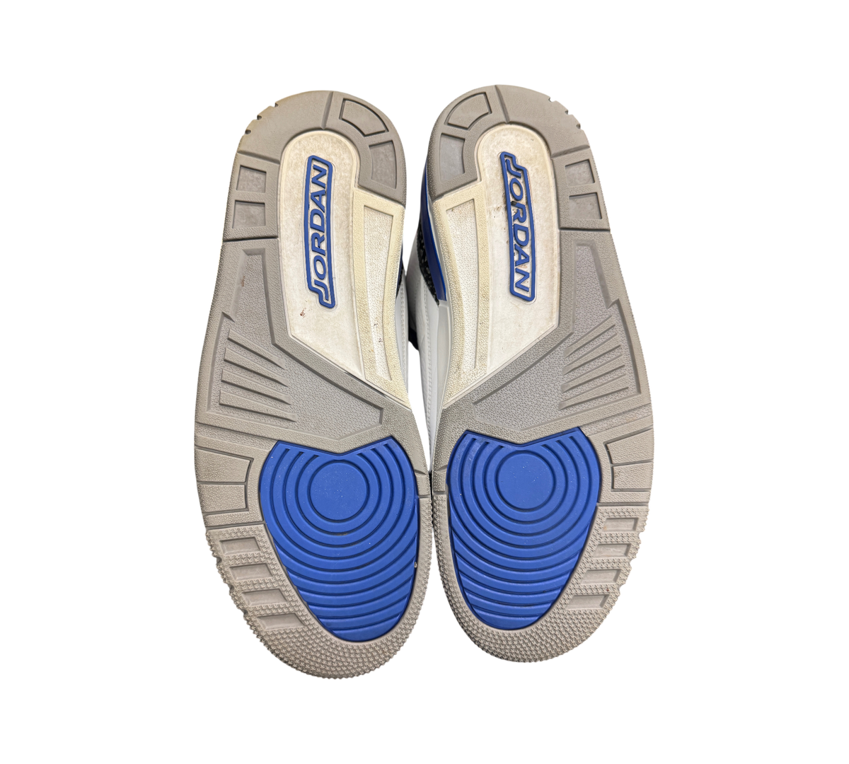 Genesis Boutique used Jordan 3 Racer Blue sneakers showing grey and blue rubber outsoles with Jordan branding.