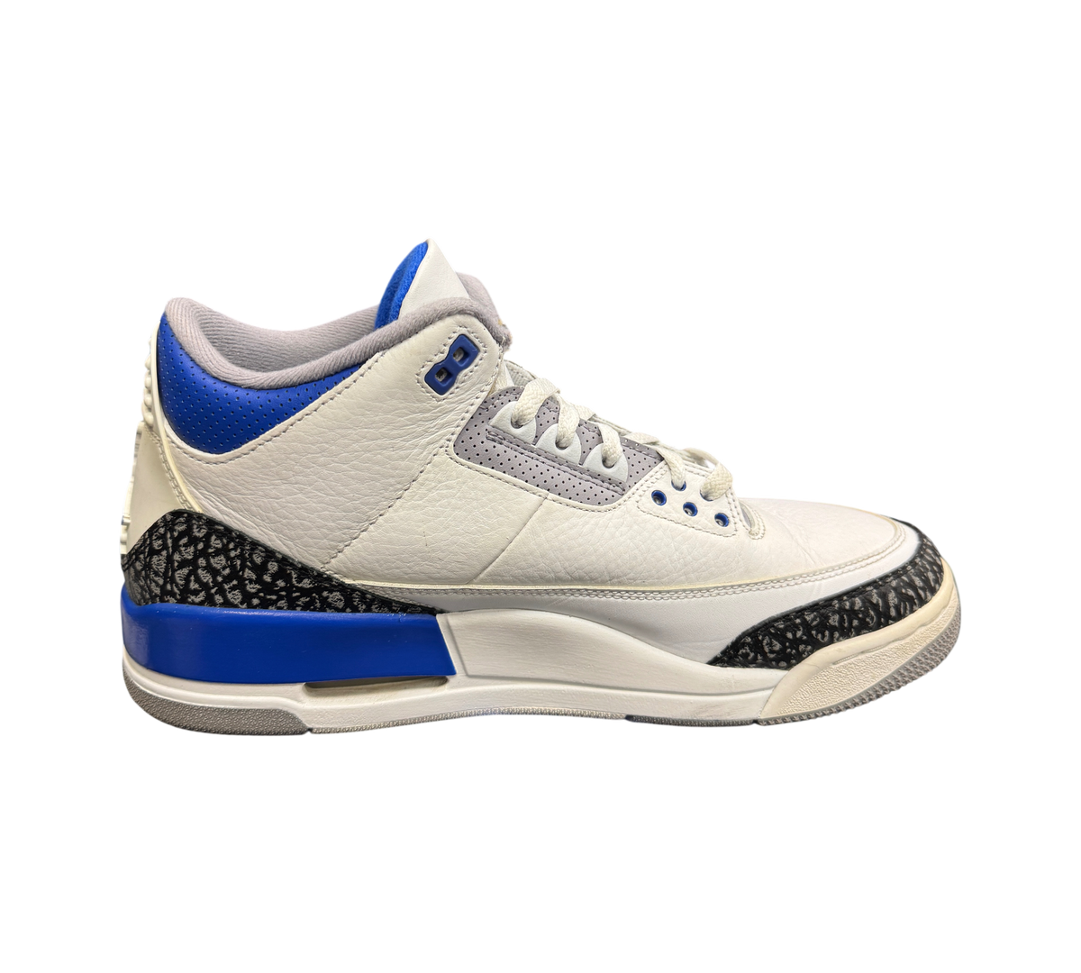 Genesis Boutique pre-owned Jordan 3 Racer Blue sneakers featuring white leather, blue accents, and elephant print trim.
