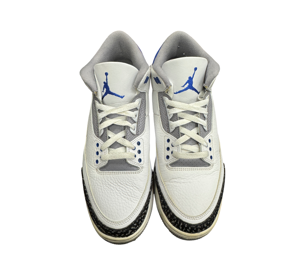 Genesis Boutique pre-owned Jordan 3 Racer Blue sneakers in white leather with grey accents and iconic elephant print.