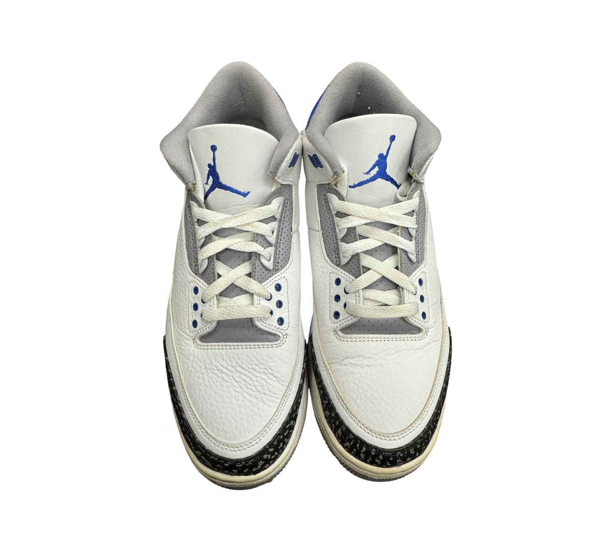 Genesis Boutique pre-owned Jordan 3 Racer Blue sneakers in white leather with grey accents and iconic elephant print.