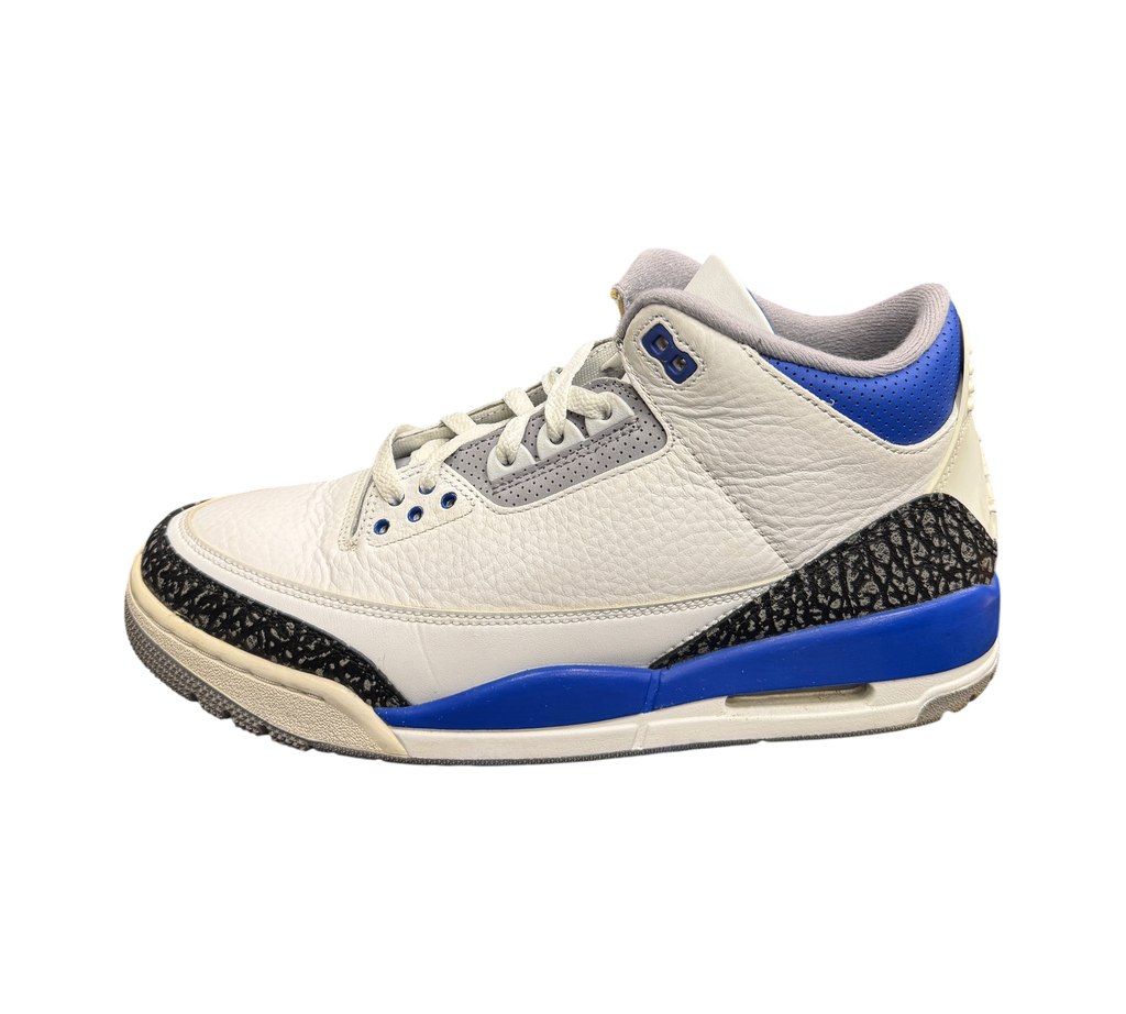 Genesis Boutique pre-owned Jordan 3 Racer Blue sneakers featuring white leather, grey accents, and elephant print.