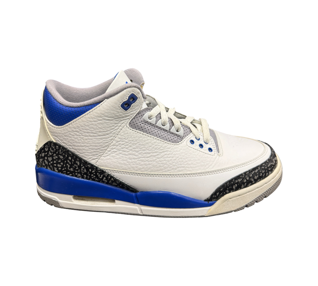 Genesis Boutique pre-owned Jordan 3 Racer Blue sneakers featuring white leather, elephant print, and blue accents.