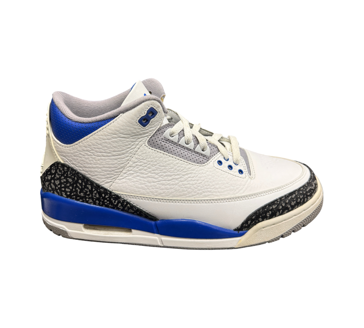 Genesis Boutique pre-owned Jordan 3 Racer Blue sneakers featuring white leather, elephant print, and blue accents.