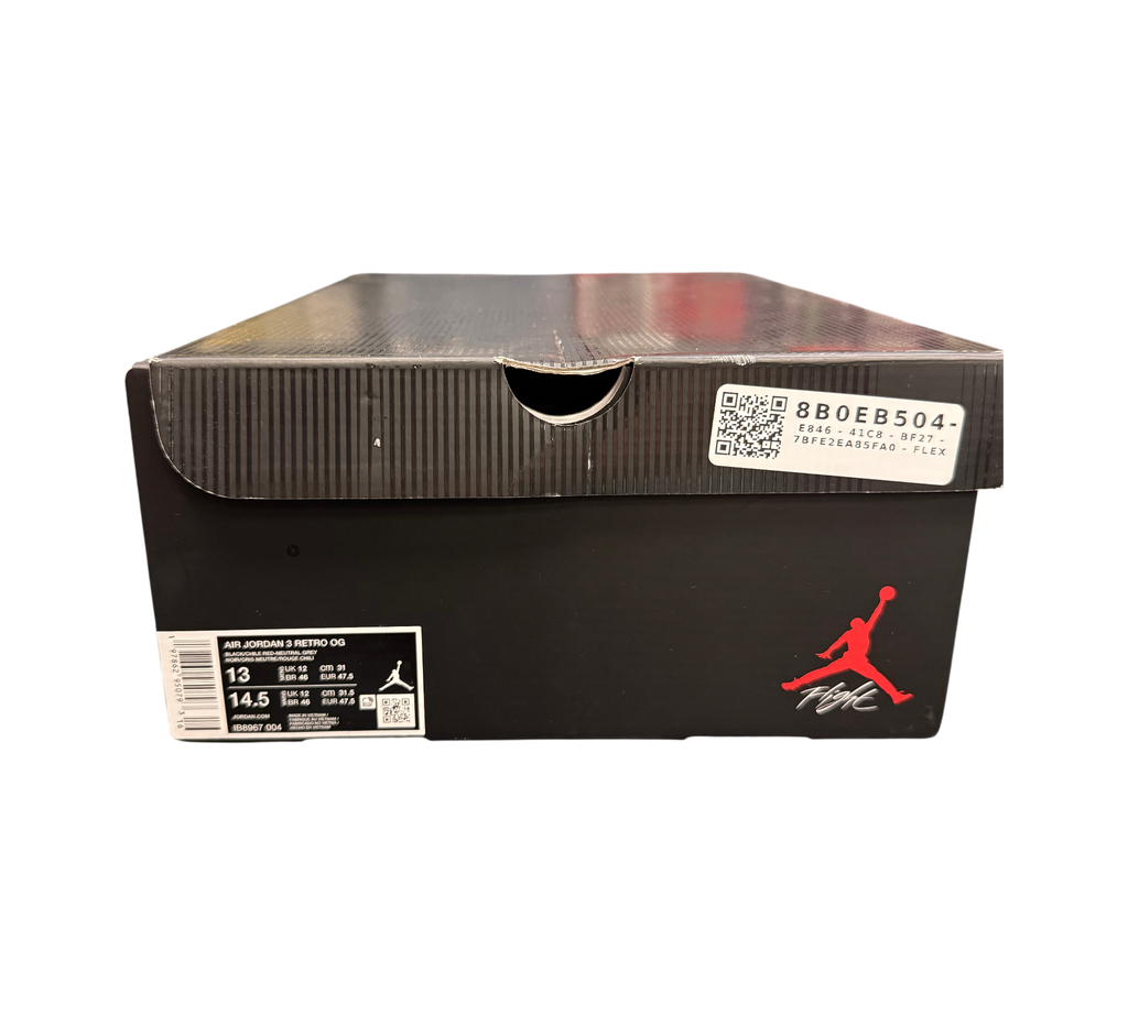 Genesis Boutique Jordan 3 Retro OG "Rare Air" sneakers in black, grey, and white. Box shows size 13.