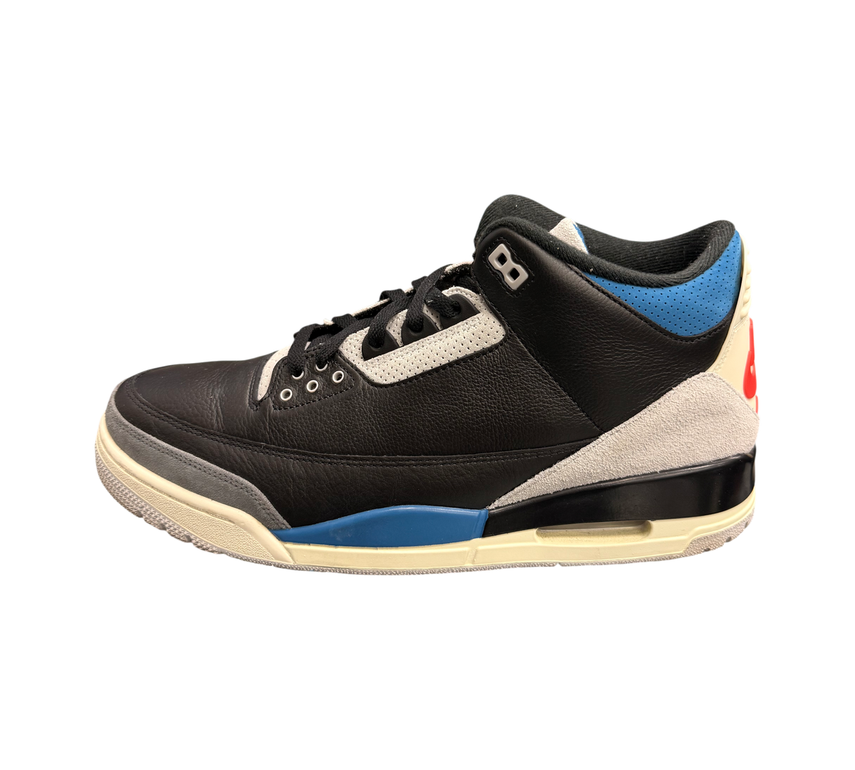 Genesis Boutique Jordan 3 Rare Air sneakers in black leather with grey and blue accents. OG All.