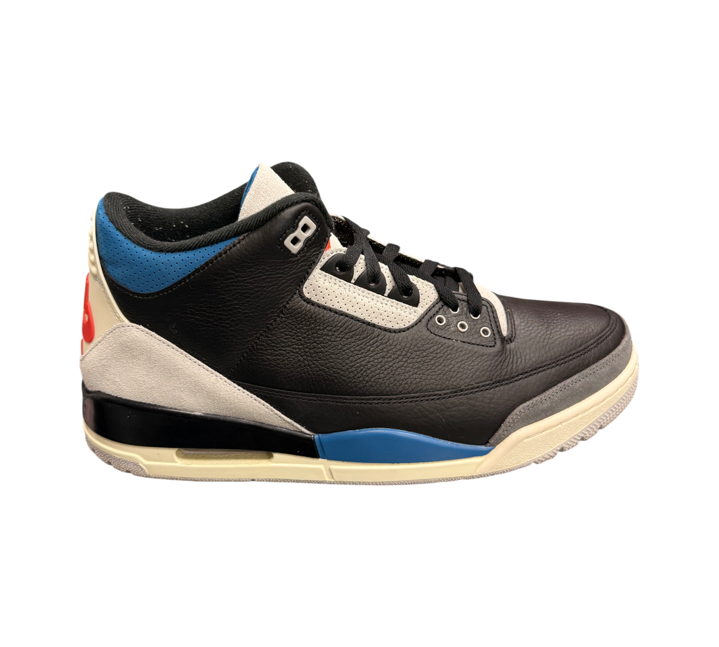 Genesis Boutique Jordan 3 Rare Air sneakers in black leather with grey suede, blue accents, and red Jumpman logo.