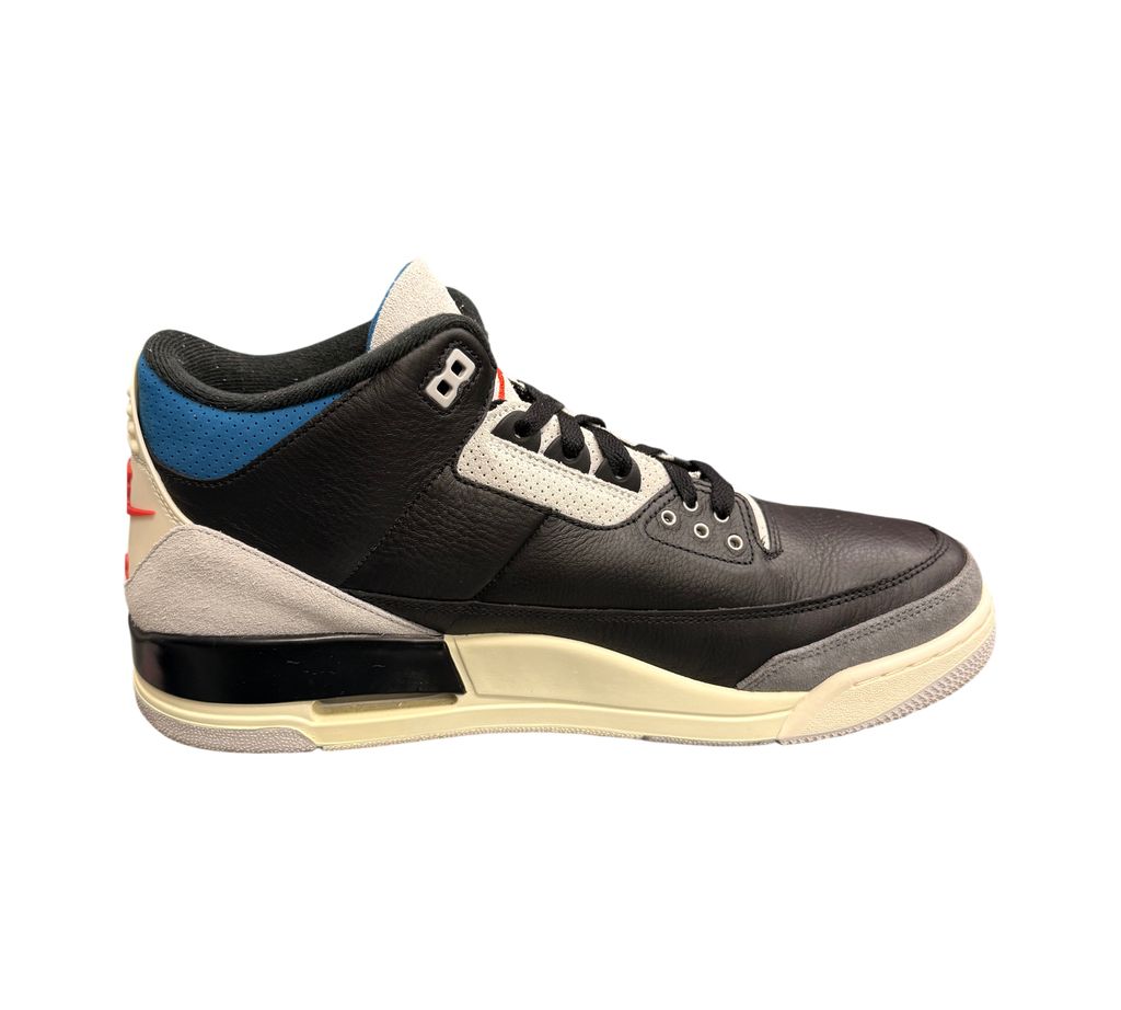 Genesis Boutique Jordan 3 Rare Air sneakers in black leather with grey and blue accents. OG All.