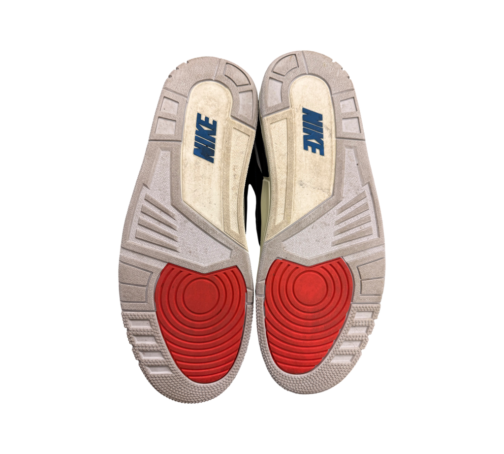 Genesis Boutique Jordan 3 Rare Air sneakers with red and white soles and blue Nike logos.