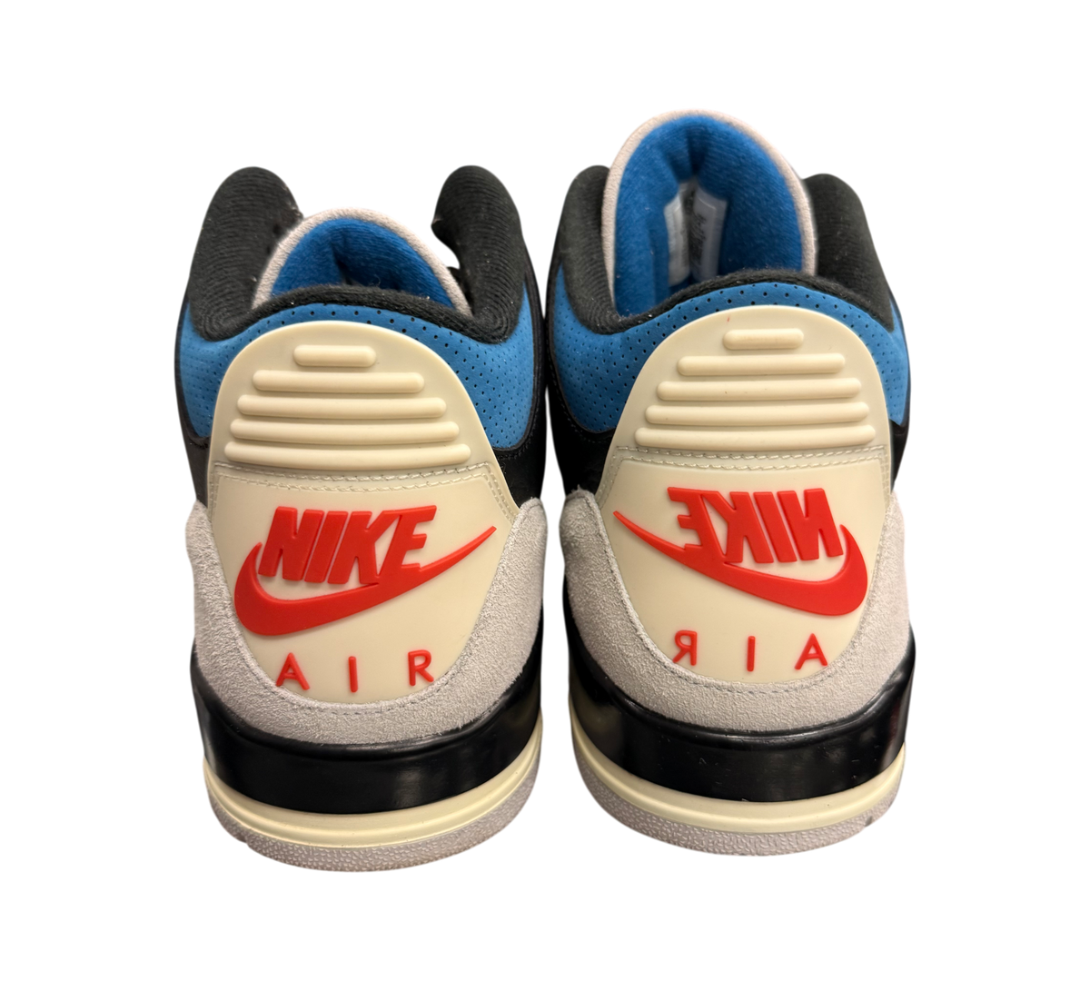Genesis Boutique Jordan 3 Rare Air sneakers with red Nike Air branding and blue accents.