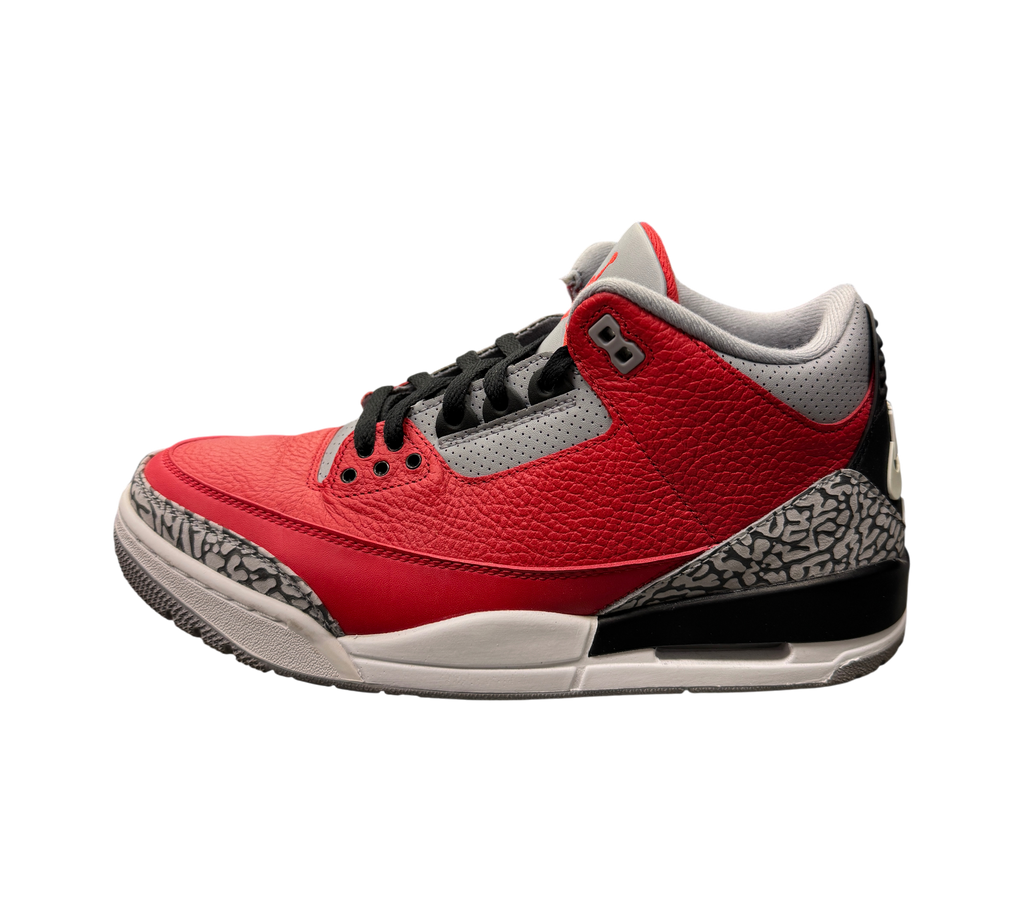 Genesis Boutique pre-owned Jordan 3 Unite Red Cement sneakers featuring red tumbled leather and iconic elephant print.