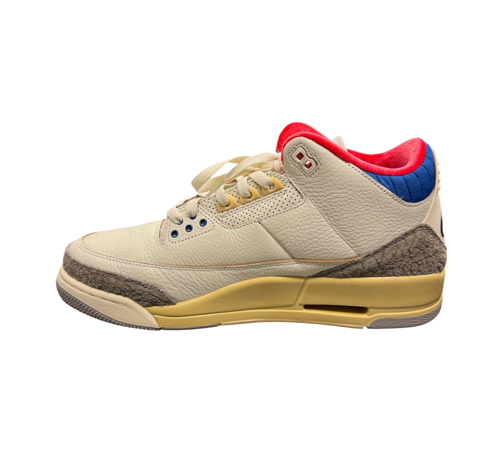 Genesis Boutique Jordan 3 "Seoul 2.0" sneakers in off-white leather with red and blue accents and elephant print trim.