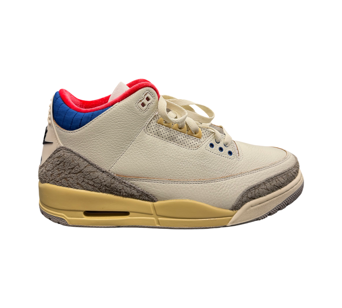 Genesis Boutique Jordan 3 "Seoul 2.0" sneakers in off-white leather with grey elephant print accents and red/blue collar.