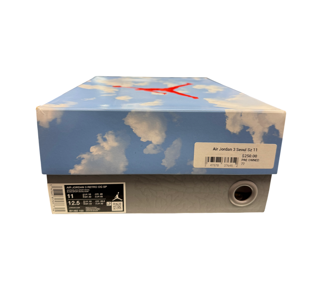 Genesis Boutique Jordan 3 "Seoul 2.0" retro sneakers box with sky and cloud print, red Jumpman logo.