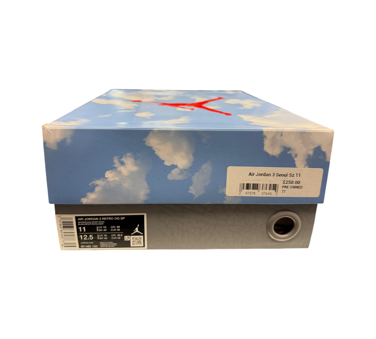 Genesis Boutique Jordan 3 "Seoul 2.0" retro sneakers box with sky and cloud print, red Jumpman logo.