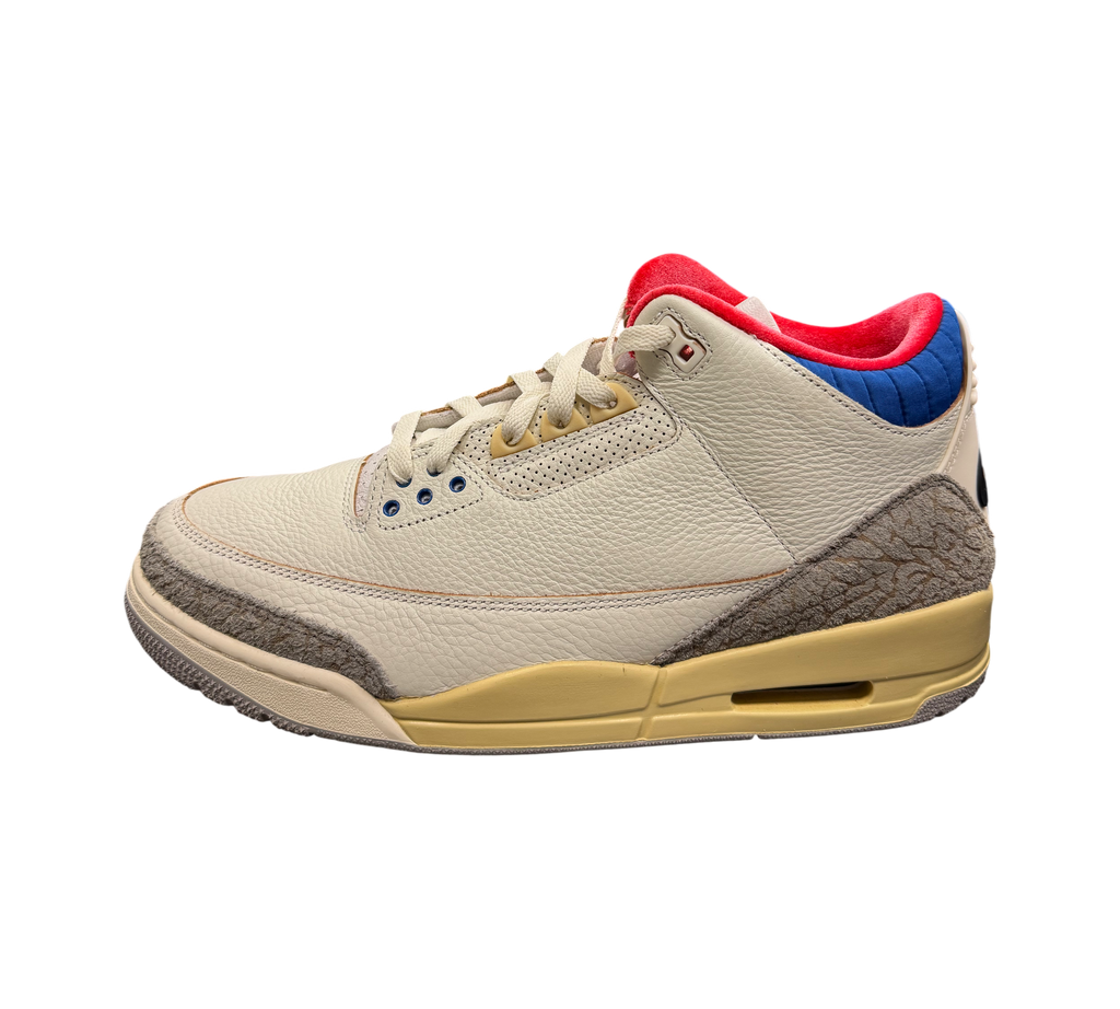 Genesis Boutique Jordan 3 "Seoul 2.0" sneakers in off-white leather with grey elephant print accents and red/blue trim.