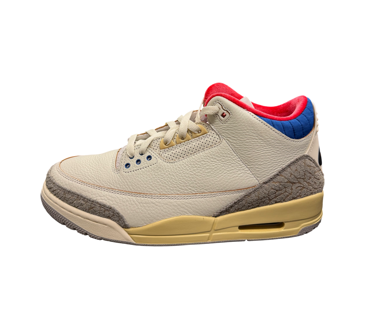 Genesis Boutique Jordan 3 "Seoul 2.0" sneakers in off-white leather with grey elephant print accents and red/blue trim.