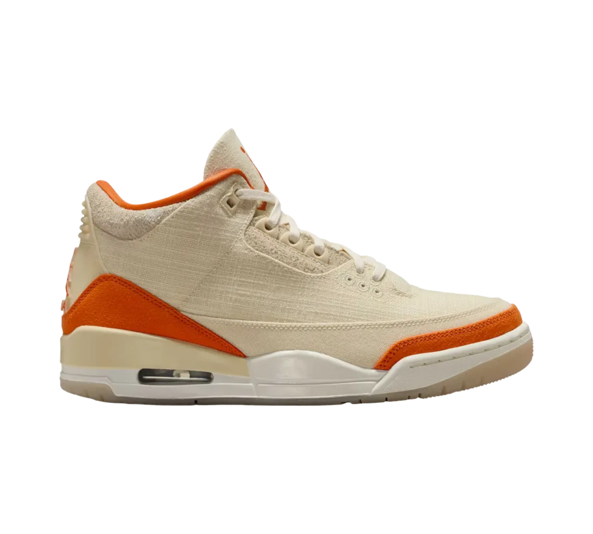 Genesis Boutique W Jordan 3 Starfish sneakers in cream canvas with orange suede accents and white laces.