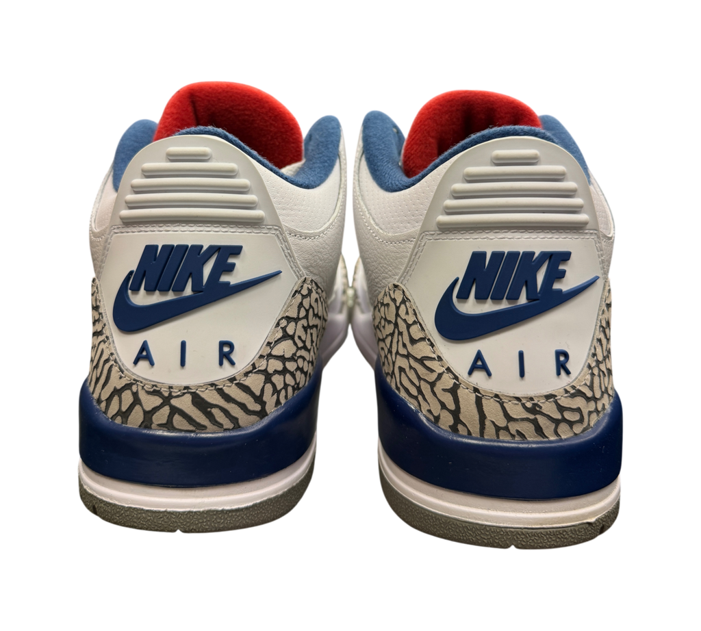 Genesis Boutique Jordan 3 True Blue 2016 sneakers showing rear view with iconic elephant print and Nike Air branding