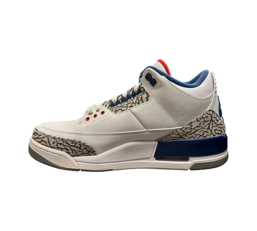 Genesis Boutique Jordan 3 True Blue 2016 sneakers featuring white leather, iconic elephant print, and blue accents.