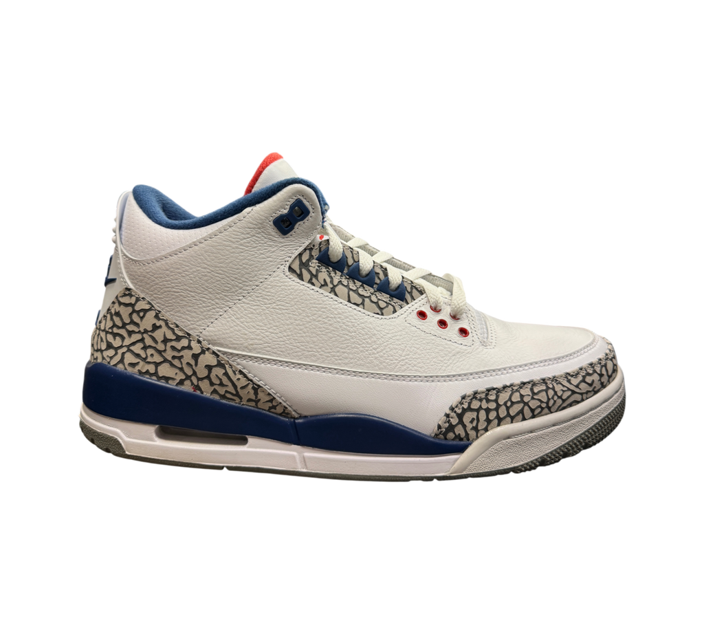 Genesis Boutique Jordan 3 True Blue 2016 sneakers in white leather with iconic grey elephant print and blue accents.