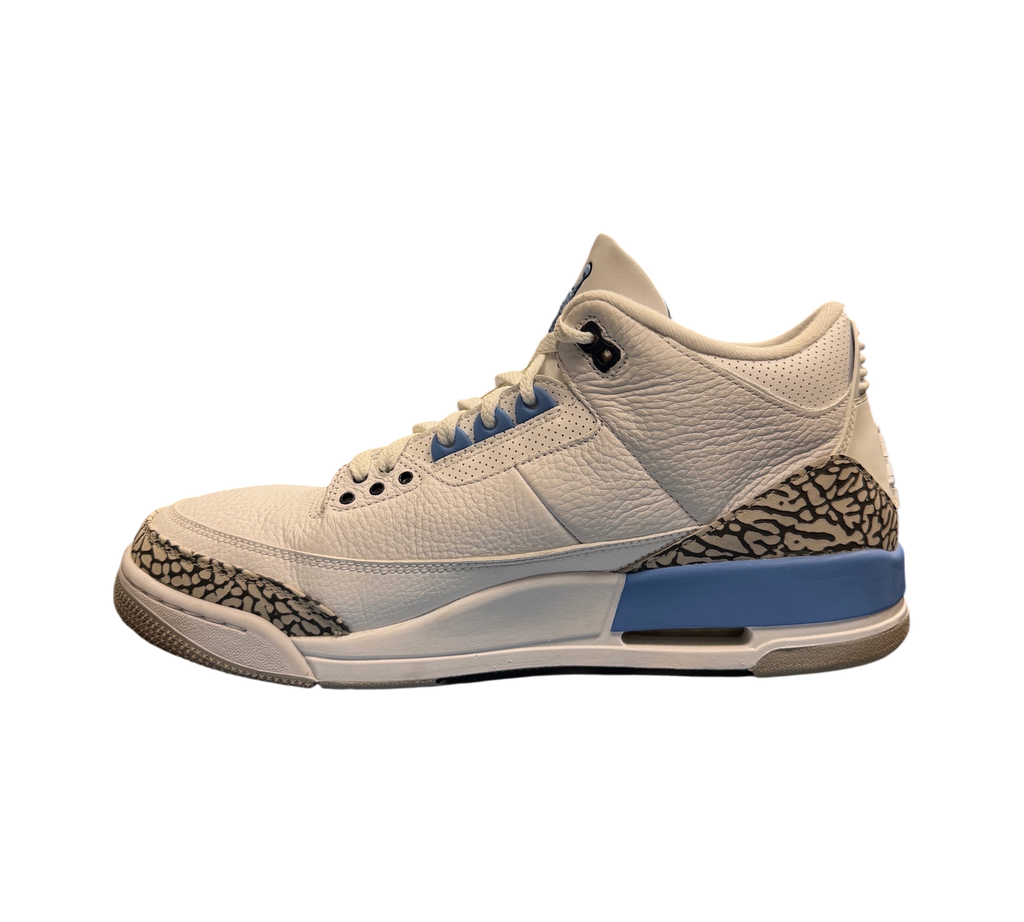 Genesis Boutique Jordan 3 UNC sneakers in white leather with iconic elephant print and university blue accents