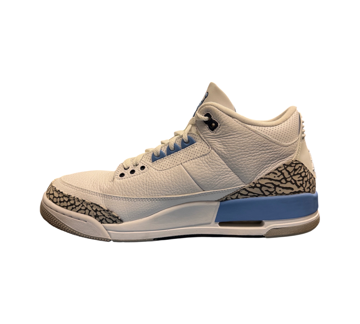 Genesis Boutique Jordan 3 UNC sneakers in white leather with iconic elephant print and university blue accents