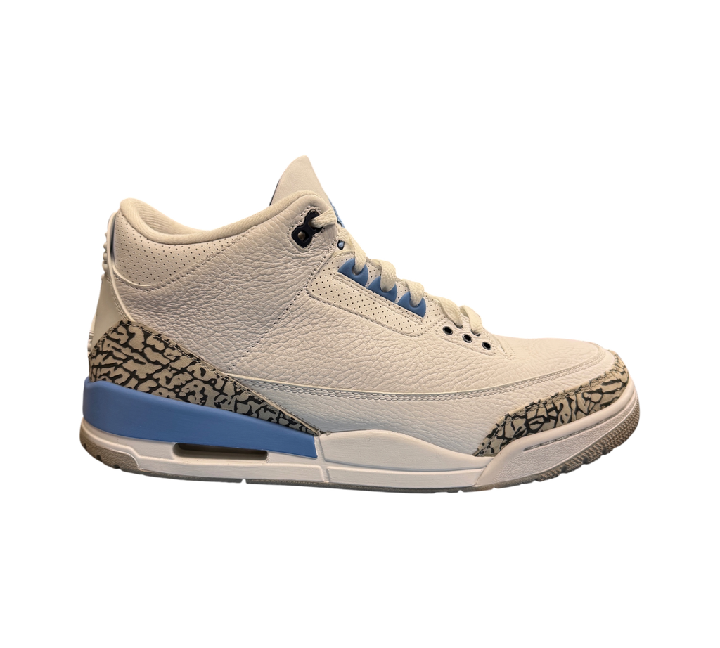 Genesis Boutique Jordan 3 UNC sneakers in white leather with iconic grey elephant print and university blue accents