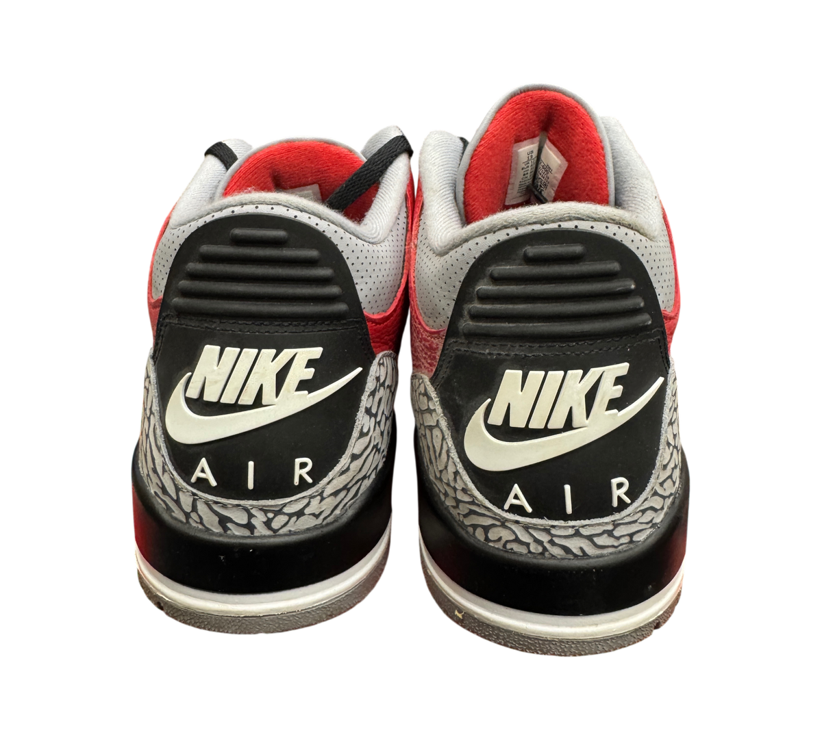 Genesis Boutique Jordan 3 Unite sneakers showing back view with black Nike Air logo and iconic grey elephant print