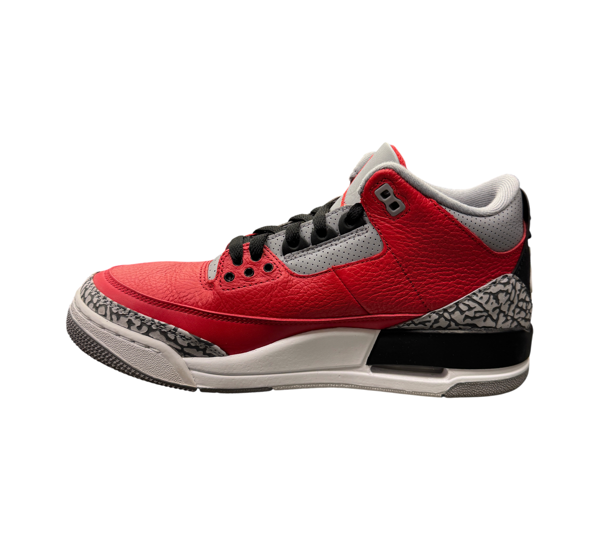 Genesis Boutique Jordan 3 Unite Red Cement sneakers featuring red tumbled leather and iconic grey elephant print overlays