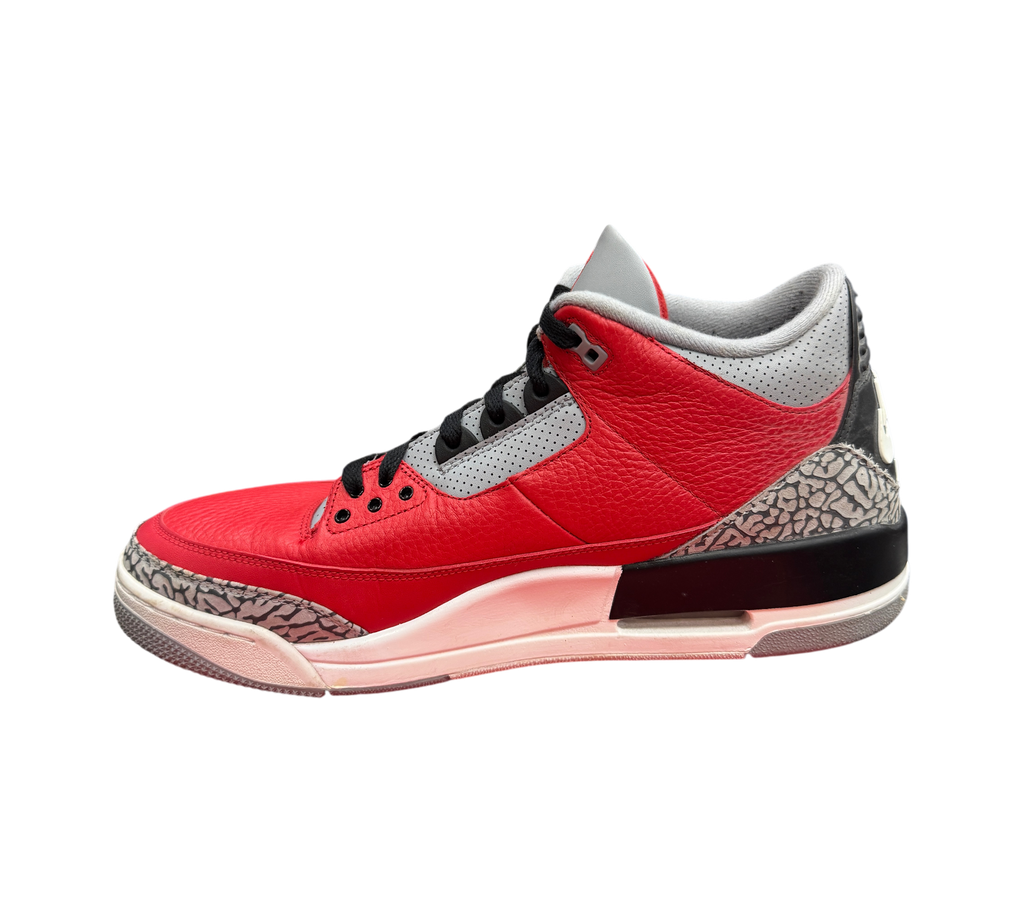 Genesis Boutique Jordan 3 Unite sneakers in red leather with iconic grey elephant print and black accents