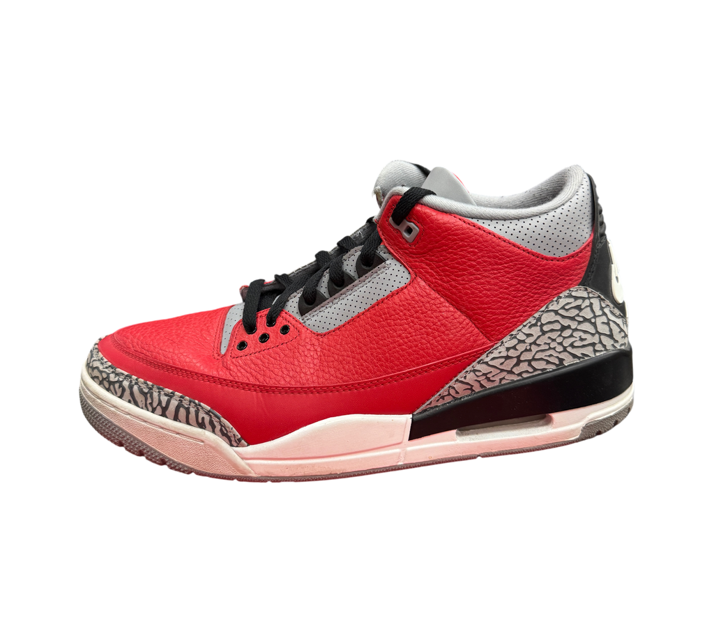 Genesis Boutique Jordan 3 Unite sneakers in red leather with iconic grey elephant print overlays and black accents.
