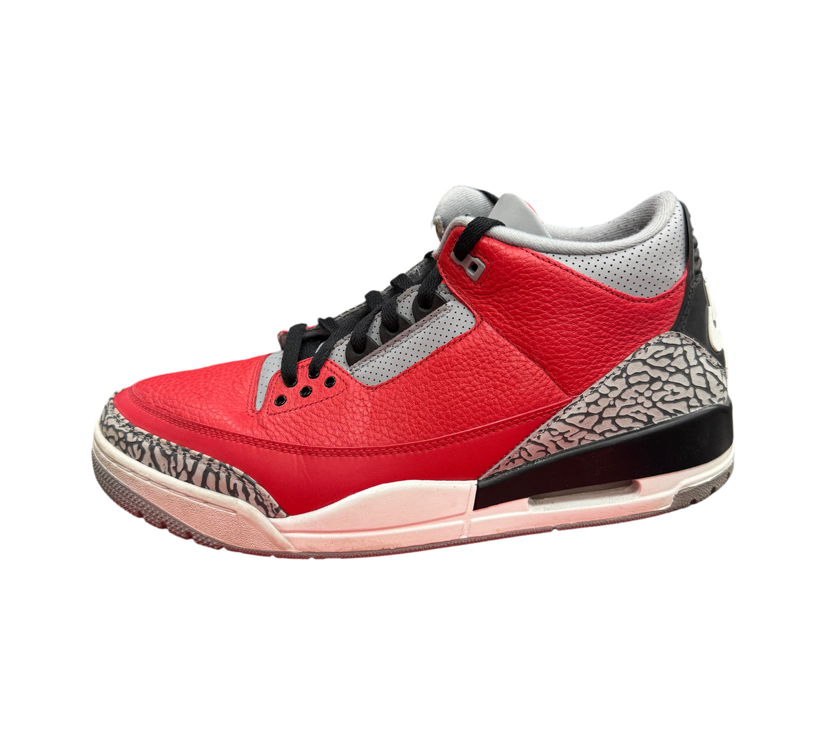 Genesis Boutique Jordan 3 Unite sneakers in red leather with iconic grey elephant print overlays and black accents.