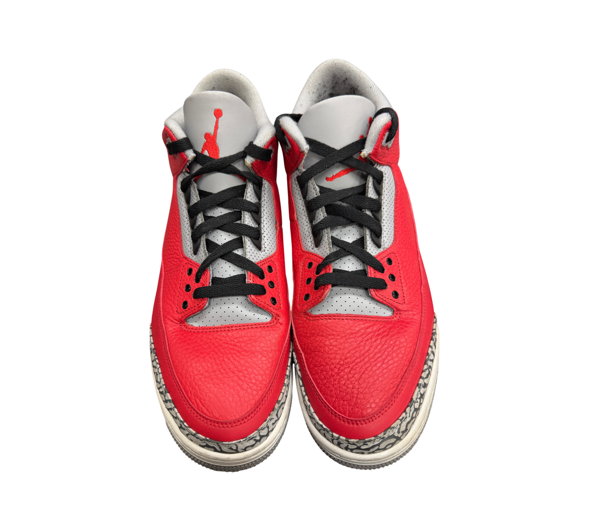 Genesis Boutique Jordan 3 Unite sneakers in red leather with grey tongues and iconic elephant print trim.