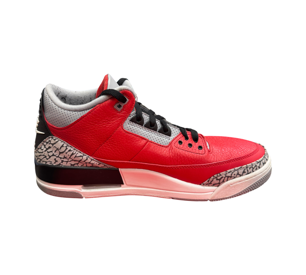 Genesis Boutique Jordan 3 Unite sneakers in red leather with iconic grey elephant print overlays and black accents.