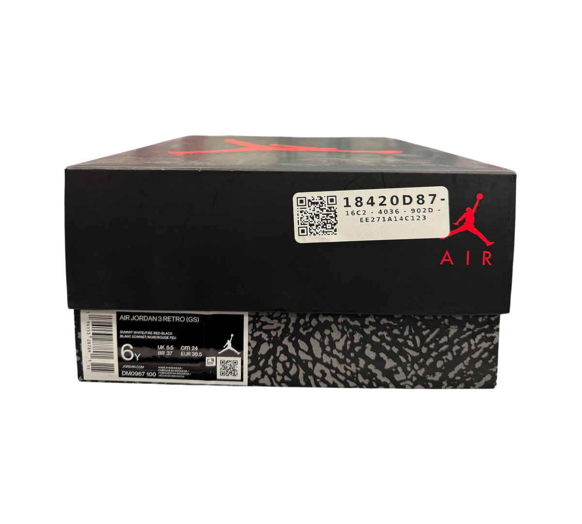 Genesis Boutique Jordan 3 GS White Cement sneaker box with red Jumpman logo and iconic elephant print detailing